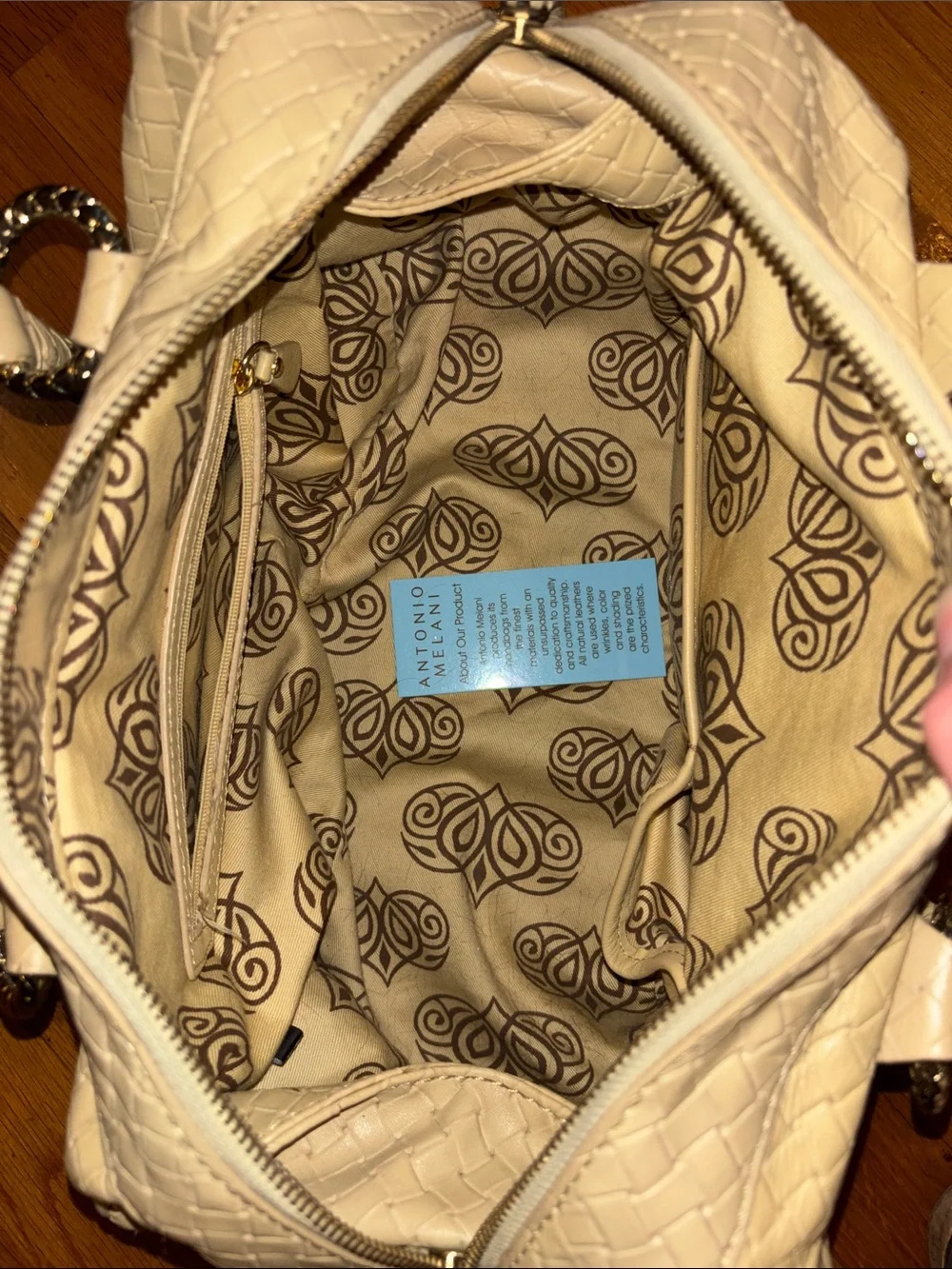Antonio Melani Woven Style Leather Satchel Handbag - Cream-Gold Accents